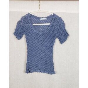 Crochet Knit Sweater Baby Tee Blue Open‎ Mesh Ruffle Made in Italy Casual Girly